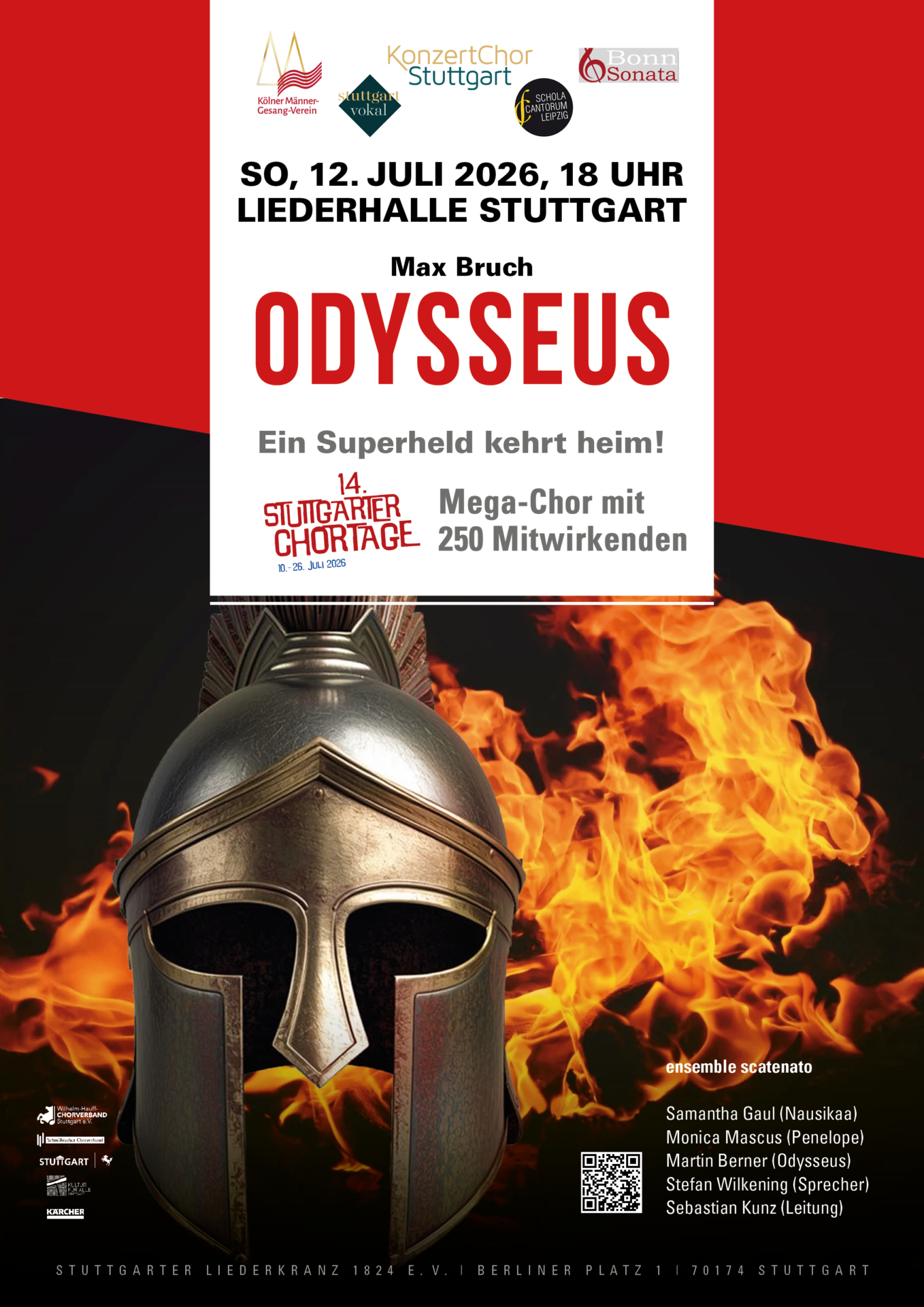 Ein korinthischer Helm vor Flammen mit den Logos von den fünf teilnehmenden Chören und dem Konzerttitel "Odysseus - Ein Superheld kehrt heim!"